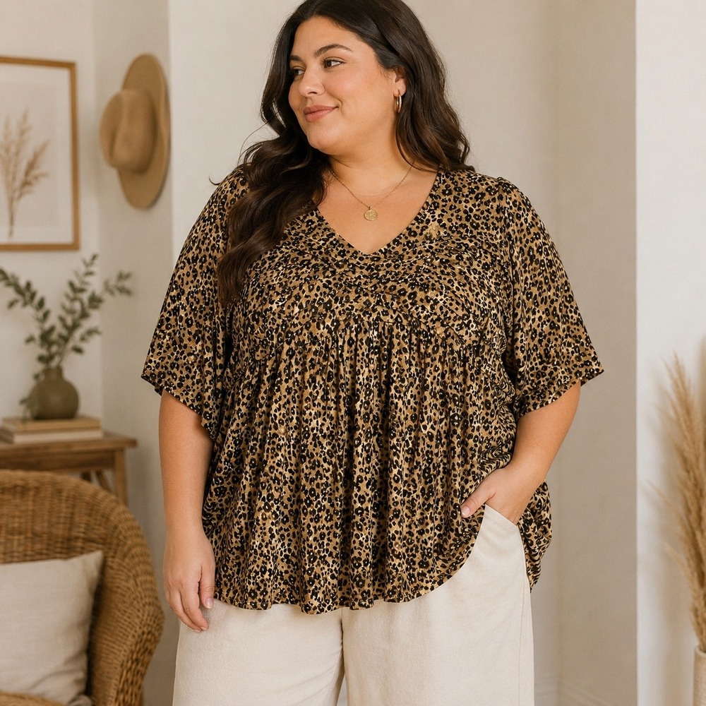 Jessica London Leopard Animal Print Tunic Top Brown V-Neck Boho 26/28 Plus Size